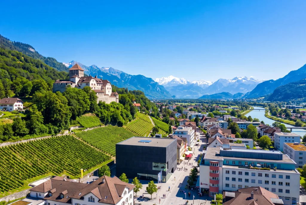 Vaduz Ausflug ab Zürich mit Chauffeur – das mittelalterliche Schloss Vaduz auf dem bewaldeten Hügel über terrassierten Weinbergen, dem schwarzen Kubus des Kunstmuseums Liechtenstein und der Fussgängerzone Städtle, dahinter das Rheintal und schneebedeckte Alpengipfel