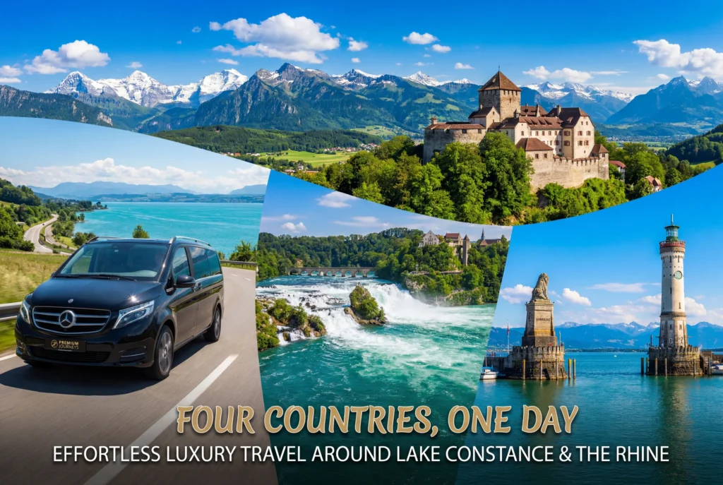 Vier Länder Tour ab Zürich mit Chauffeur – Bildcollage der Tagesreise rund um Bodensee und Rhein mit einem schwarzen Mercedes V-Klasse Chauffeur-Van auf der Landstrasse, dem Schloss Vaduz in Liechtenstein, dem tosenden Rheinfall und dem Leuchtturm mit Bayerischem Löwen in Lindau vor schneebedeckten Alpen
