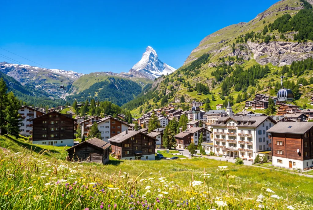 Zermatt Ausflug ab Zürich mit Chauffeur – das markante schneebedeckte Matterhorn ragt über dem autofreien Walliser Bergdorf Zermatt mit dunklen Holzchalets und einer blühenden Sommerwiese im Vordergrund, dazwischen schweben Gondeln der Bergbahn vor strahlend blauem Himmel