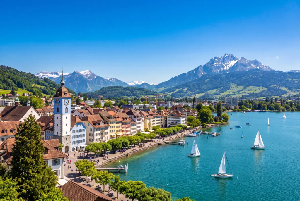 Zug Ausflug ab Zürich mit Chauffeur – der Zytturm und die bunte Altstadt von Zug an der Seepromenade, Segelboote auf dem türkisblauen Zugersee und der Pilatus mit schneebedeckten Gipfeln im Hintergrund