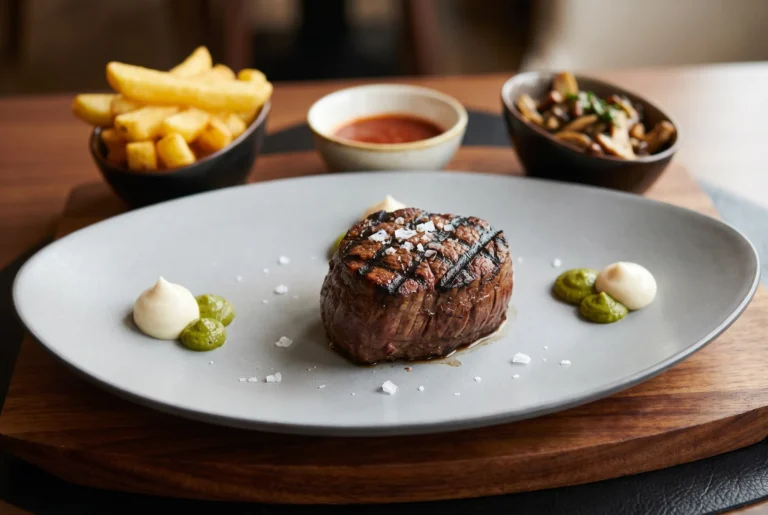 Gegrilltes Rinderfilet vom Grill mit Pommes frites, Sauce und Pilzen im Belvoir Restaurant & Grill, Steakhouse bei Zürich, Fahrt ab Zürich mit Chauffeur