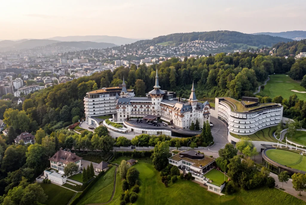 The Dolder Grand über Zürich – Luftaufnahme des historischen Grandhotels mit Türmchen auf dem Zürichberg, umgeben von Wald, Golfplatz und Blick über die Stadt, Fine-Dining Restaurant, Restaurant-Transfer ab Zürich mit Chauffeur