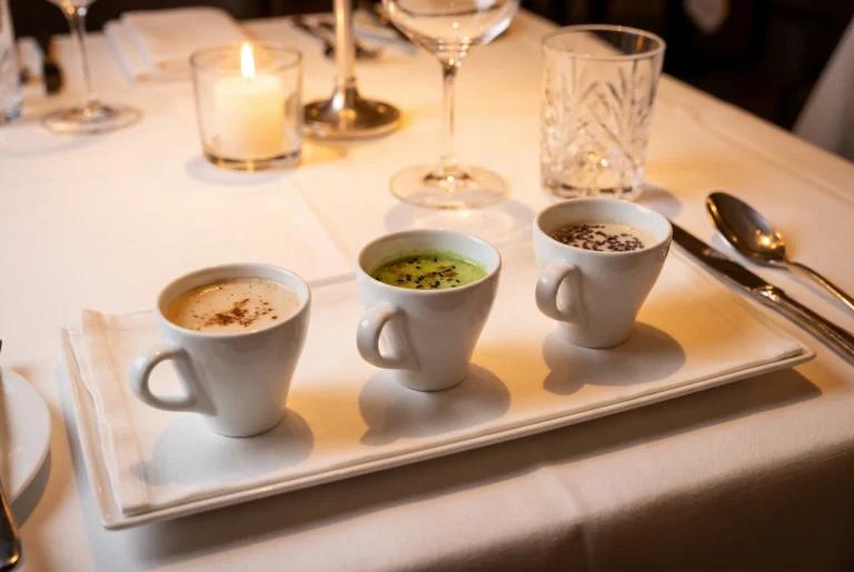 Trio feiner Schaum-Kreationen in Espressotassen im The Dolder Grand über Zürich, Fine-Dining auf dem Zürichberg, Fahrt ab Zürich mit Chauffeur