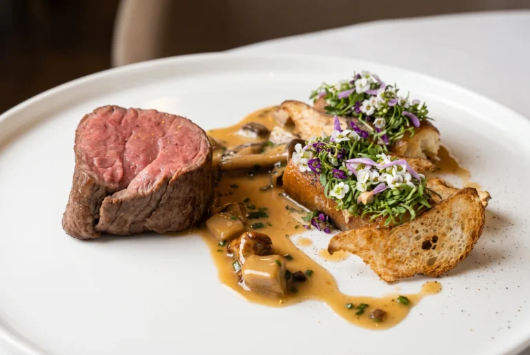 Rosa gebratenes Rinderfilet mit Pilzrahmsauce und geröstetem Brot mit Blüten und Kresse im The Dolder Grand, Gourmet-Restaurant auf dem Zürichberg, Restaurant-Transfer ab Zürich mit Chauffeur