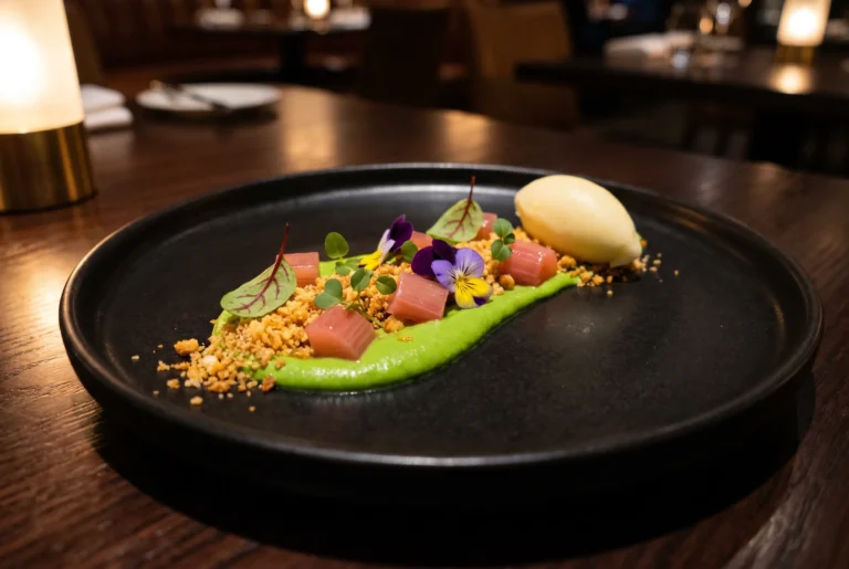Dessert mit pochiertem Rhabarber, grüner Erbsen-Creme, Streuseln und Sorbet im Restaurant EquiTable in Zürich, nachhaltige Gourmet-Küche, Restaurant-Transfer ab Zürich mit Chauffeur