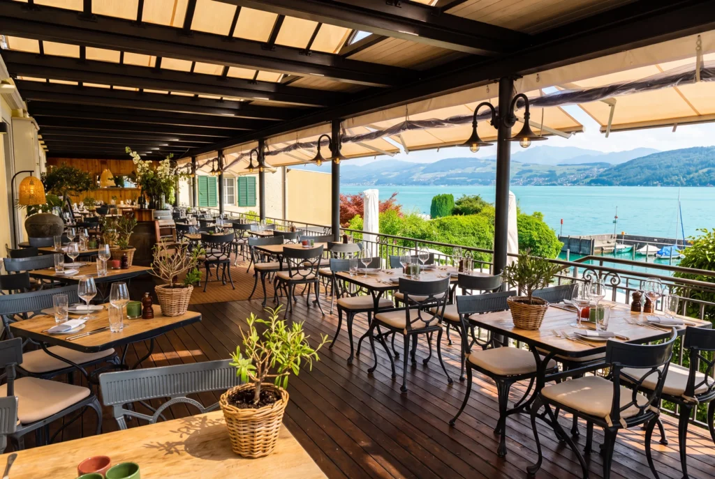 Gasthof Hirschen am See – gedeckte Seeterrasse mit Blick über den Zürichsee auf die Alpen, Fine-Dining Restaurant in Obermeilen, Transfer ab Zürich mit Chauffeur