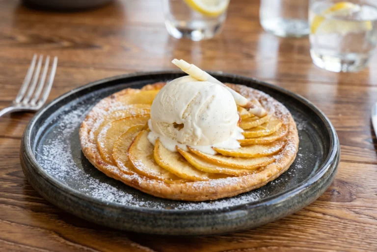 Feine Apfeltarte mit Vanilleeis als Dessert im Gasthof Hirschen am See in Obermeilen, Restaurant am Zürichsee, Fahrt ab Zürich mit Chauffeur