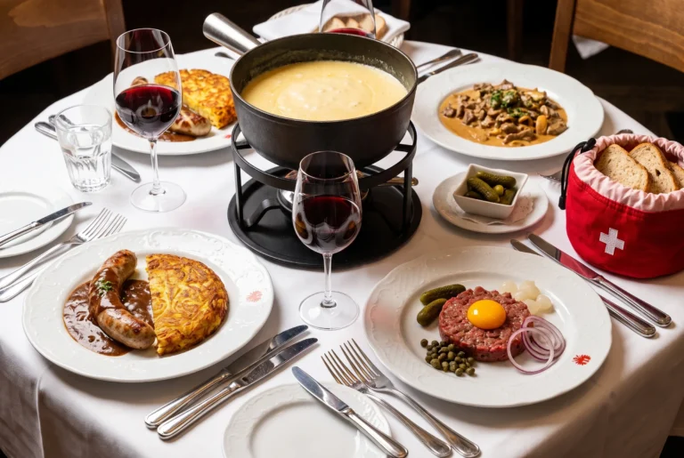 Schweizer Spezialitäten mit Käsefondue, Zürcher Geschnetzeltes, Bratwurst mit Rösti und Rindstatar im Restaurant Kronenhalle in Zürich, Restaurant-Transfer ab Zürich mit Chauffeur