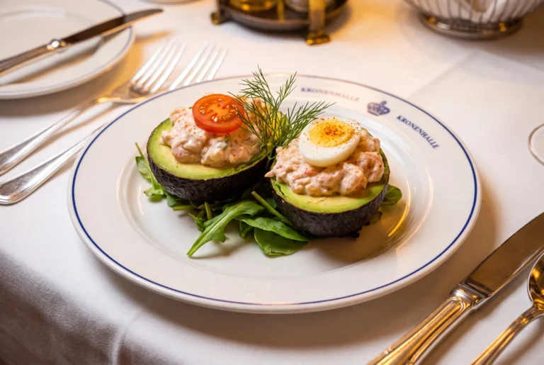 Avocado mit Krevetten-Cocktail, Ei und Cherry-Tomate auf Kronenhalle-Porzellan im Restaurant Kronenhalle in Zürich, klassische Vorspeise, Fahrt ab Zürich mit Chauffeur