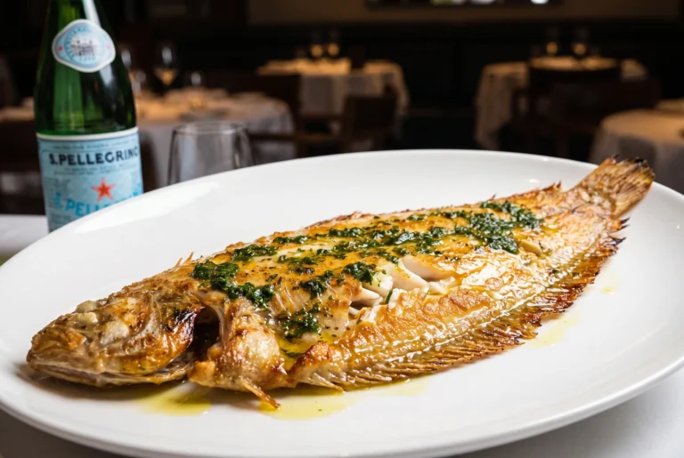 Ristorante Bianchi ab Zürich mit Chauffeur – eine ganze goldbraun gebratene Seezunge mit Kräuterbutter und Petersilie auf einem weissen ovalen Teller, daneben eine Flasche San Pellegrino im warm beleuchteten Restaurant