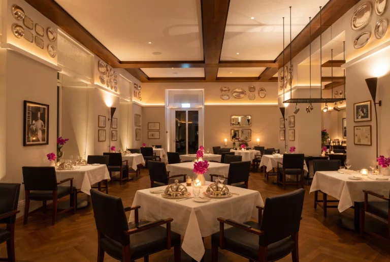 Brasserie RitzCoffier im Bürgenstock Resort – eleganter Speisesaal mit Silberplatten an den Wänden, Kerzenlicht und silbernen Cloches, Fine-Dining Restaurant hoch über dem Vierwaldstättersee, Restaurant-Transfer ab Zürich mit Chauffeur