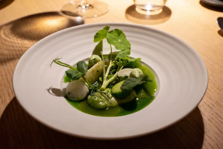 Frühlingshaftes Gemüsegericht mit weissem Spargel, dicken Bohnen und Kapuzinerkresse in grünem Sud im Schloss Schauenstein in Fürstenau, kreative Spitzenküche in Graubünden, Fahrt ab Zürich mit Chauffeur