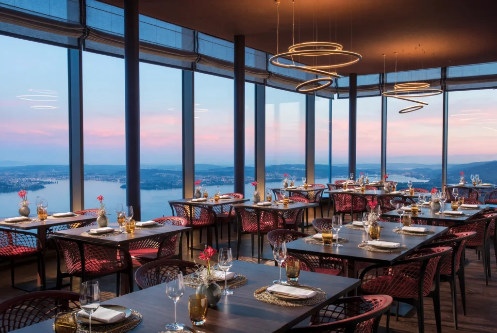 Spices Kitchen & Terrace im Bürgenstock Resort – modernes Restaurant mit bodentiefen Fenstern, roten Designstühlen und Panoramablick über den Vierwaldstättersee im Abendrot, asiatische Küche, Restaurant-Transfer ab Zürich mit Chauffeur