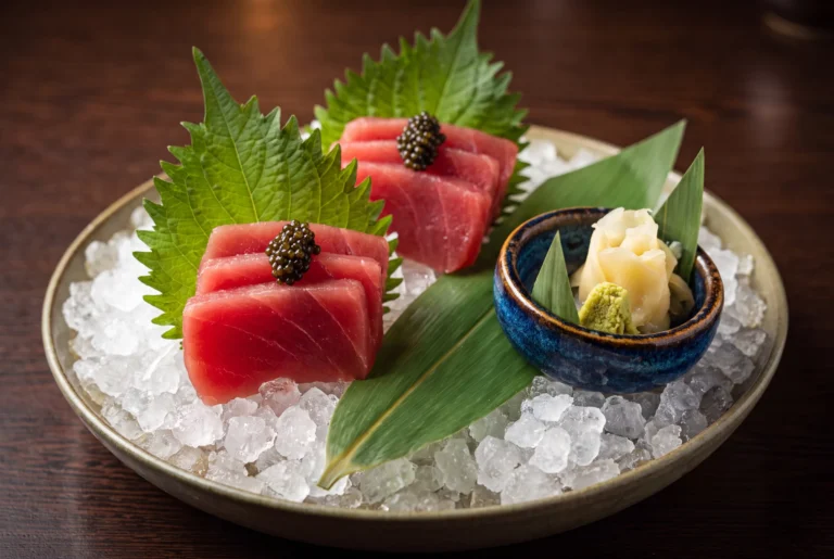 Thunfisch-Sashimi mit Kaviar auf Shiso-Blättern und Eis im Spices Kitchen & Terrace am Bürgenstock, panasiatische Küche über dem Vierwaldstättersee, Fahrt ab Zürich mit Chauffeur