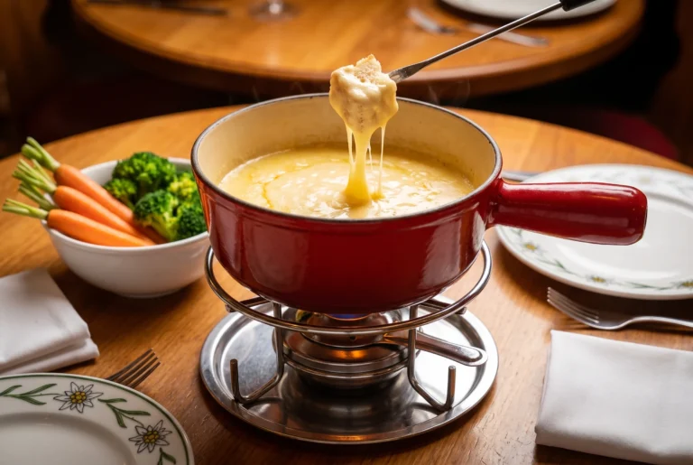 Dampfendes Käsefondue im roten Caquelon mit Brot und Gemüse im Swiss Chuchi in Zürich, Schweizer Fondue-Spezialität, Fahrt ab Zürich mit Chauffeur