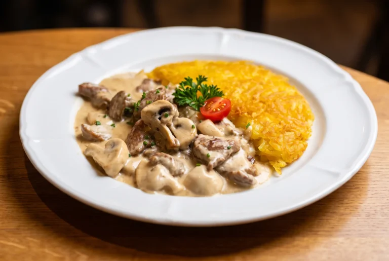 Zürcher Geschnetzeltes mit Champignon-Rahmsauce und knuspriger Rösti im Swiss Chuchi in Zürich, Schweizer Klassiker, Restaurant-Transfer ab Zürich mit Chauffeur