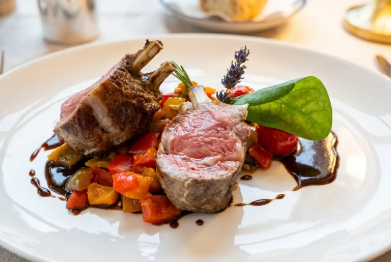 Rosa gebratenes Lammkarree mit mediterranem Gemüse, Jus und Lavendel im Restaurant Uto Kulm auf dem Uetliberg, Fine-Dining über Zürich, Restaurant-Transfer ab Zürich mit Chauffeur