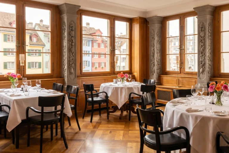 Zunfthaus zur Zimmerleuten in der Zürcher Altstadt – historischer Zunftsaal mit Holztäfer, kunstvoll behauenen Steinsäulen und Blick auf die farbigen Altstadthäuser am Limmatquai, Restaurant-Transfer ab Zürich mit Chauffeur