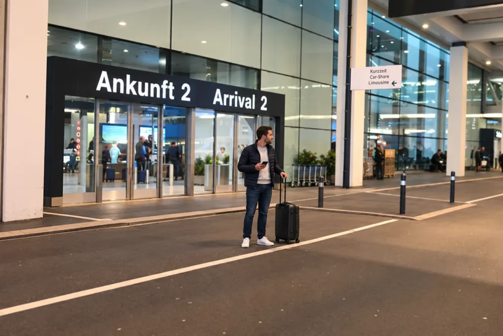 Arrivée 2 à l’aéroport de Zurich : voyageur avec valise et téléphone au bord de la route devant la sortie, panneaux vers Kurzzeit, Car-Share et Limousine