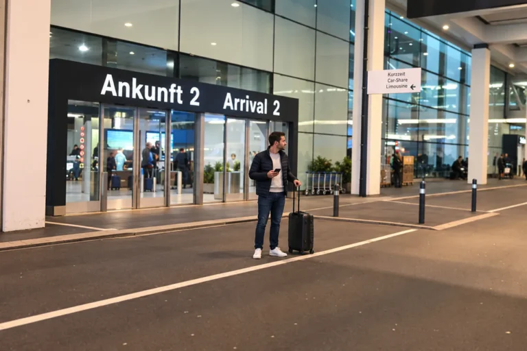 Arrivée 2 à l’aéroport de Zurich : voyageur avec valise et téléphone au bord de la route devant la sortie, panneaux vers Kurzzeit, Car-Share et Limousine