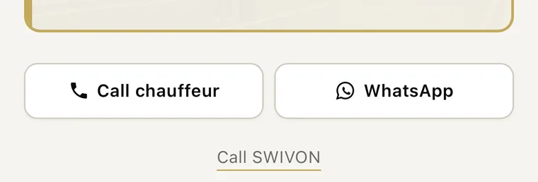 Bas de la page de prise en charge : les boutons Call chauffeur et WhatsApp, et en dessous le lien Call SWIVON