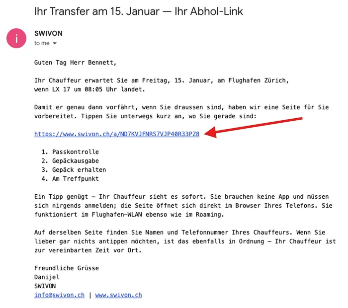 Beispiel einer SWIVON E-Mail mit dem Abhol-Link, roter Pfeil zeigt auf die Linkzeile