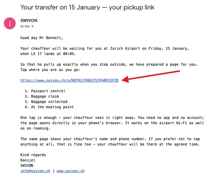 Exemple d’un e-mail SWIVON avec le lien de prise en charge, une flèche rouge désigne la ligne du lien