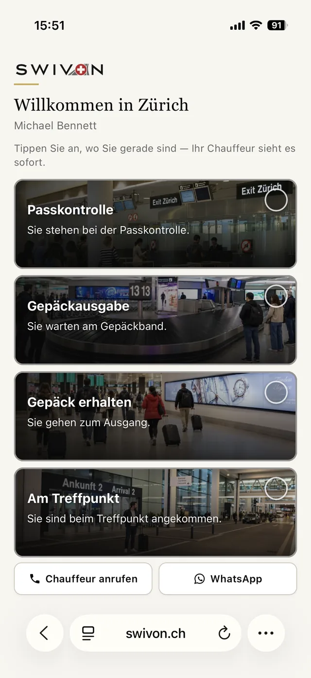 Ankunfts-Seite von SWIVON auf dem Telefon: vier antippbare Felder von Passkontrolle bis Am Treffpunkt, darunter die Schaltflächen Chauffeur anrufen und WhatsApp
