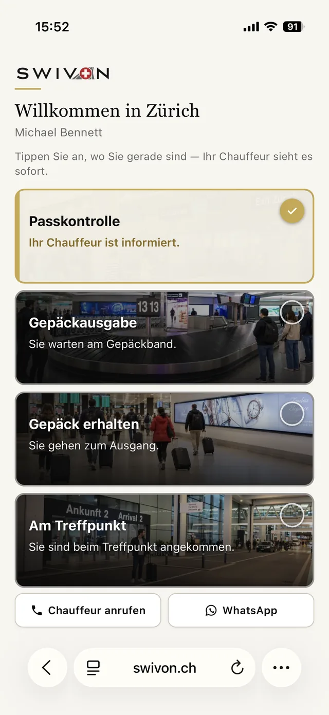 Ankunfts-Seite nach dem ersten Tipp: das Feld Passkontrolle ist gold hinterlegt, mit Häkchen und dem Hinweis Ihr Chauffeur ist informiert