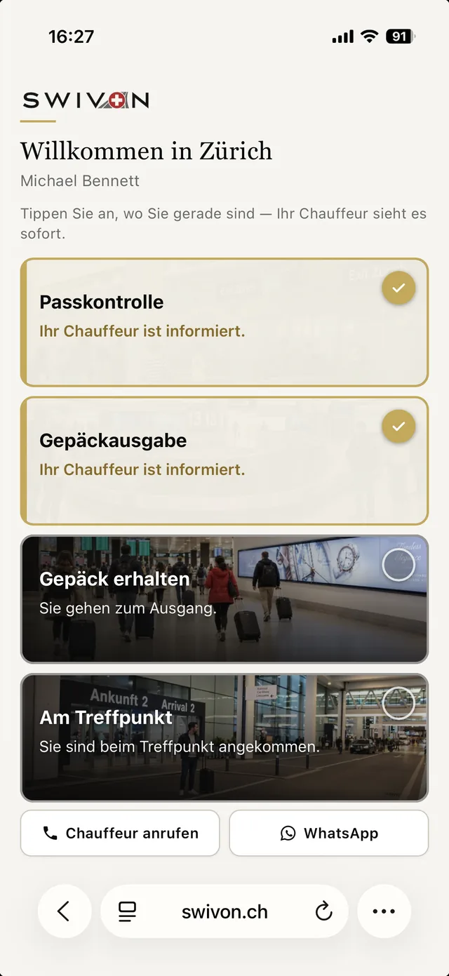 Ankunfts-Seite nach dem zweiten Tipp: Passkontrolle und Gepäckausgabe sind beide gold hinterlegt und abgehakt