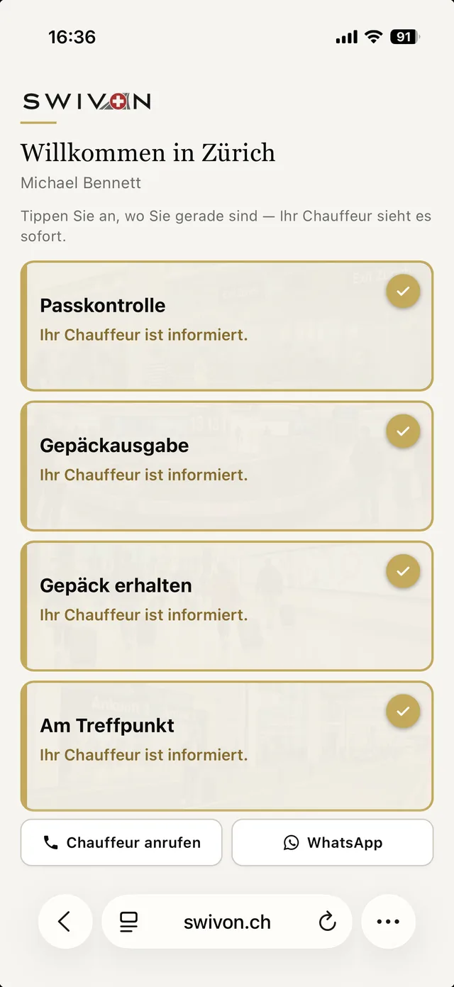 Ankunfts-Seite nach dem letzten Tipp: alle vier Felder von Passkontrolle bis Am Treffpunkt sind gold hinterlegt und abgehakt
