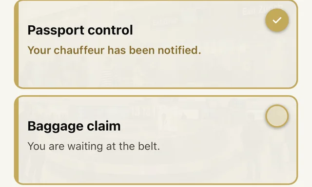 Deux cartes de la page d’arrivée sans réseau : Passport control avec une coche dorée, Baggage claim avec un cercle clair sans coche et le texte You are waiting at the belt