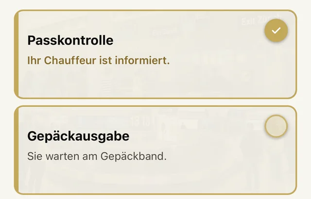 Zwei Karten der Ankunfts-Seite ohne Netz: Passkontrolle mit goldenem Haken, Gepäckausgabe mit hellem Kreis ohne Haken und dem Text Sie warten am Gepäckband