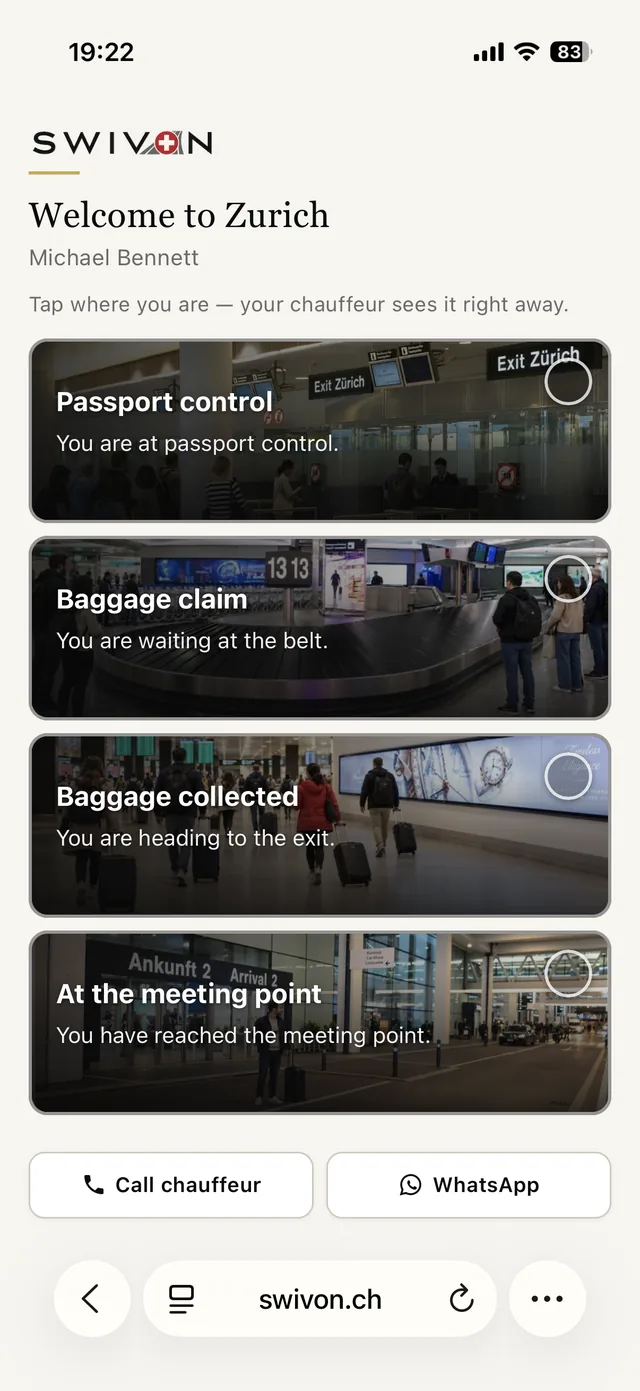 Page d’arrivée SWIVON sur le téléphone : quatre champs sur lesquels appuyer, de Passport control à At the meeting point, et en dessous les boutons Call chauffeur et WhatsApp