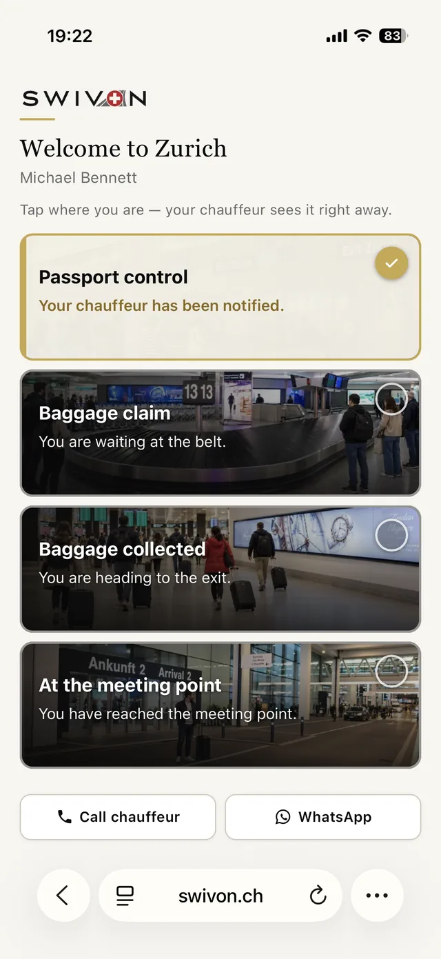 Page d’arrivée après la première pression : le champ Passport control est doré, avec une coche et la mention Your chauffeur has been notified