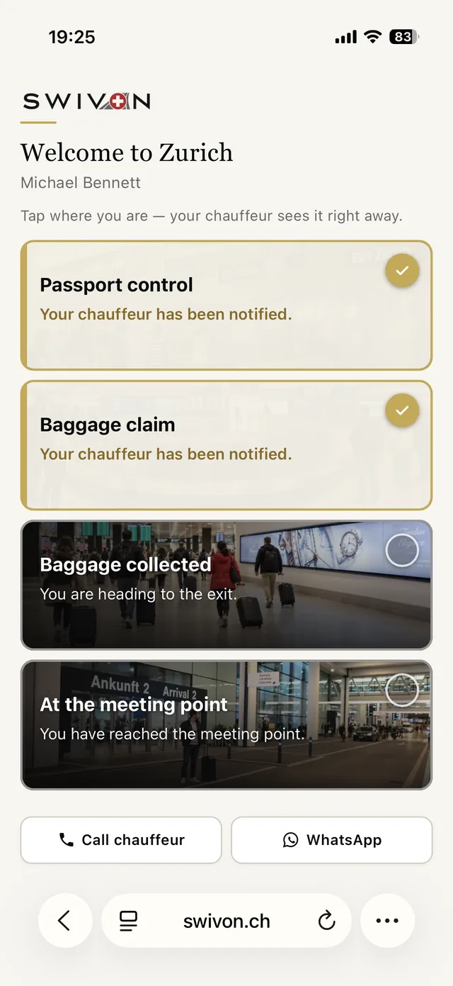 Page d’arrivée après la deuxième pression : Passport control et Baggage claim sont tous deux dorés et cochés