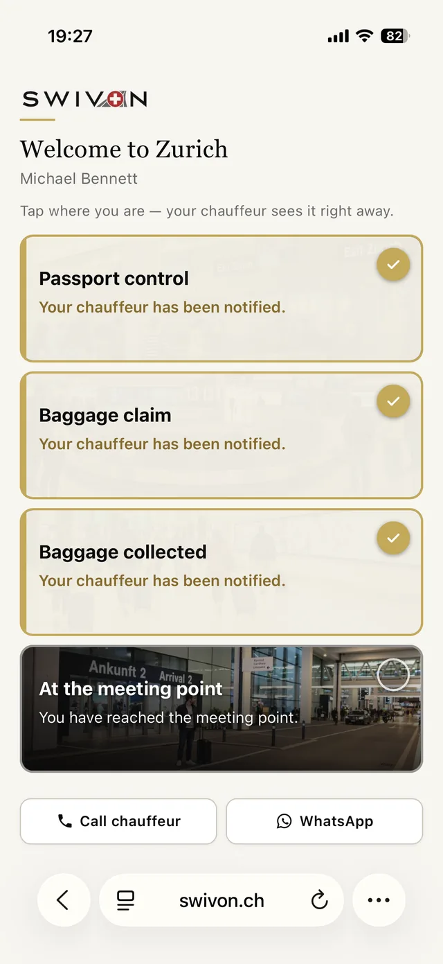 Page d’arrivée après la troisième pression : Passport control, Baggage claim et Baggage collected sont dorés et cochés, seul At the meeting point reste ouvert
