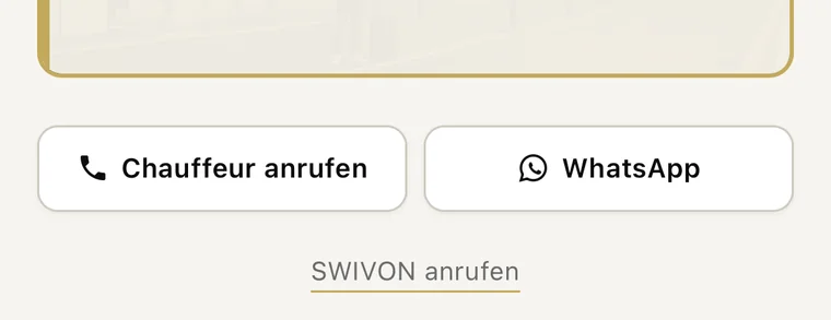 Unterer Rand der Abhol-Seite: die Schaltflächen Chauffeur anrufen und WhatsApp, darunter der Link SWIVON anrufen